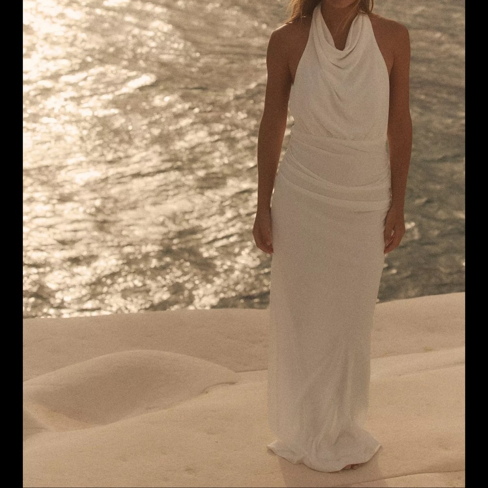 Zara White Ruched Backless Halter Gown